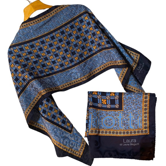 di Laura Biagiotti Scarf Distinctive Design & Lettering 61” x 16.25” Shades Blue - Picture 1 of 11